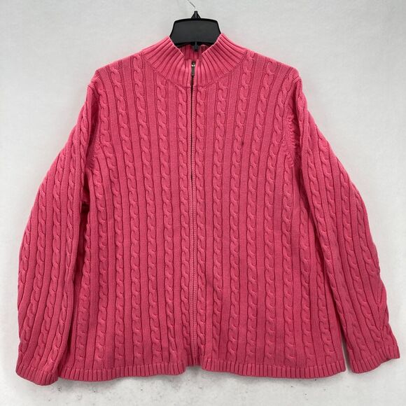 L.L. Bean Chunky Cable Knit Full Zip Sweater Women's 2X Pink Mock Neck Preppy - Picture 1 of 12